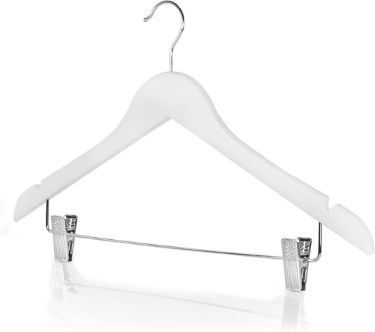 HANGERWORLD 5 Pack White Wooden Hangers with Adjustable Clips 17.7inch Non-Slip with Shoulder Notches