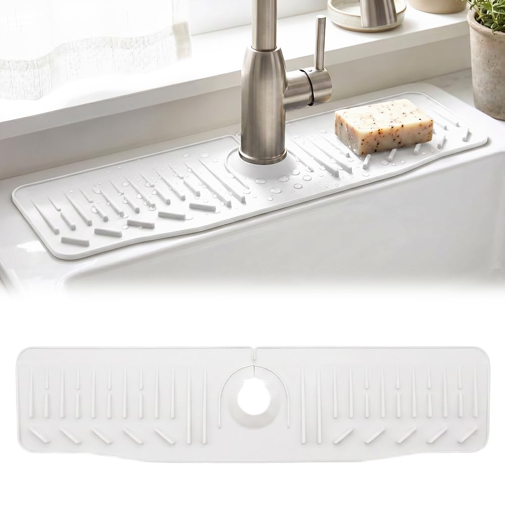 24 Inch Silicone Faucet Mat for Kitchen Sink, 2026 New Silicone Splash Shield for Kitchen Sink, Multifunctional Sink Organizer Mat for Kitchen Countertops (Grey)