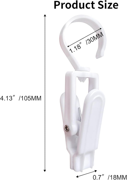 12 Pcs Super Strong Plastic Swivel Hanging Hooks, Curtain Clips, Clothes Pins, Beach Towel Clips, Home Swivel Laundry Clips for Hats, Pants, Towels, Socks, Pants (White)