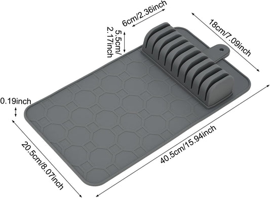 Silicone Kitchen Drawer Knife Organizer Mat with Holder, 10 Slot, Gray