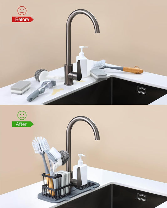 Quick-Dry Kitchen Sink Caddy Organizer with Non-Slip Silicone Faucet Mat