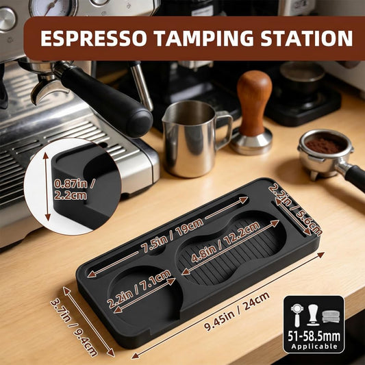 Espresso Tamping Mat, Silicone Coffee Tamper Mat for Countertop, Non-Slip Heat Resistant Portafilter Mat for Espresso Machine Accessories, Dishwasher Safe Tamp Station (9.45" x 3.7", Black)