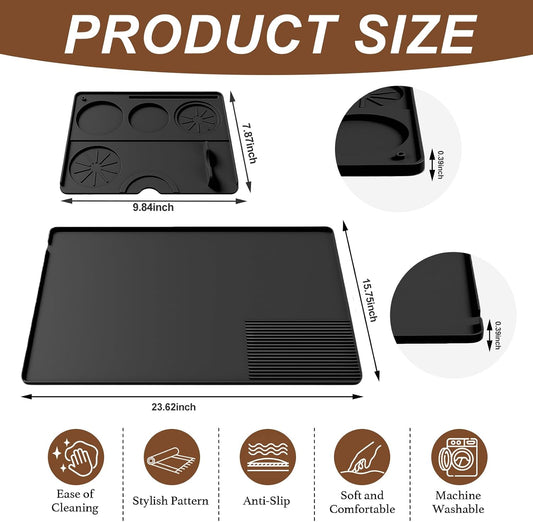 Silicone Coffee Mat with Raised Edges, 24'‘ x 16’', Bar Mat for Countertops, Anti-Slip, Heat-Resistant Pad for Espresso Machines, Dish Drying Mat, Dinner Plates, Ice Cream Machines (BLACK)