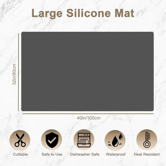 40''x32''(100cmx80cm) Silicone Kitchen Counter Mat, Extra Large Heat Resistant Non-Slip Countertop Protector, Waterproof Multipurpose Mat for Kitchen Island, Dark Gray