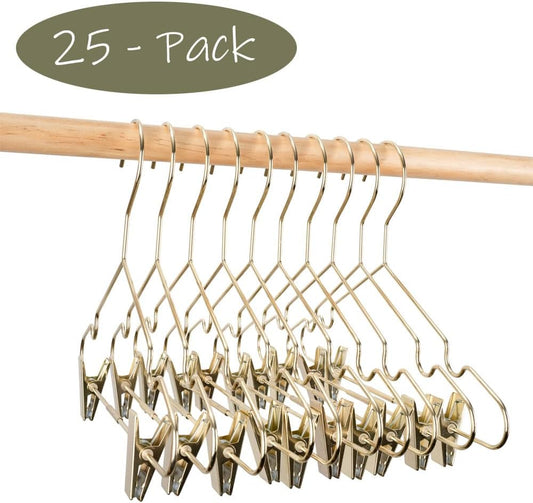 Baby Clothes Hangers 12.6" Gold Metal Skirt Hanger with 2 Adjustable Clips Closet Storage Heavy Duty Rack Kids Shirts, Pants Coats Display Space Saving Solution for Wardrobe 25 Pack