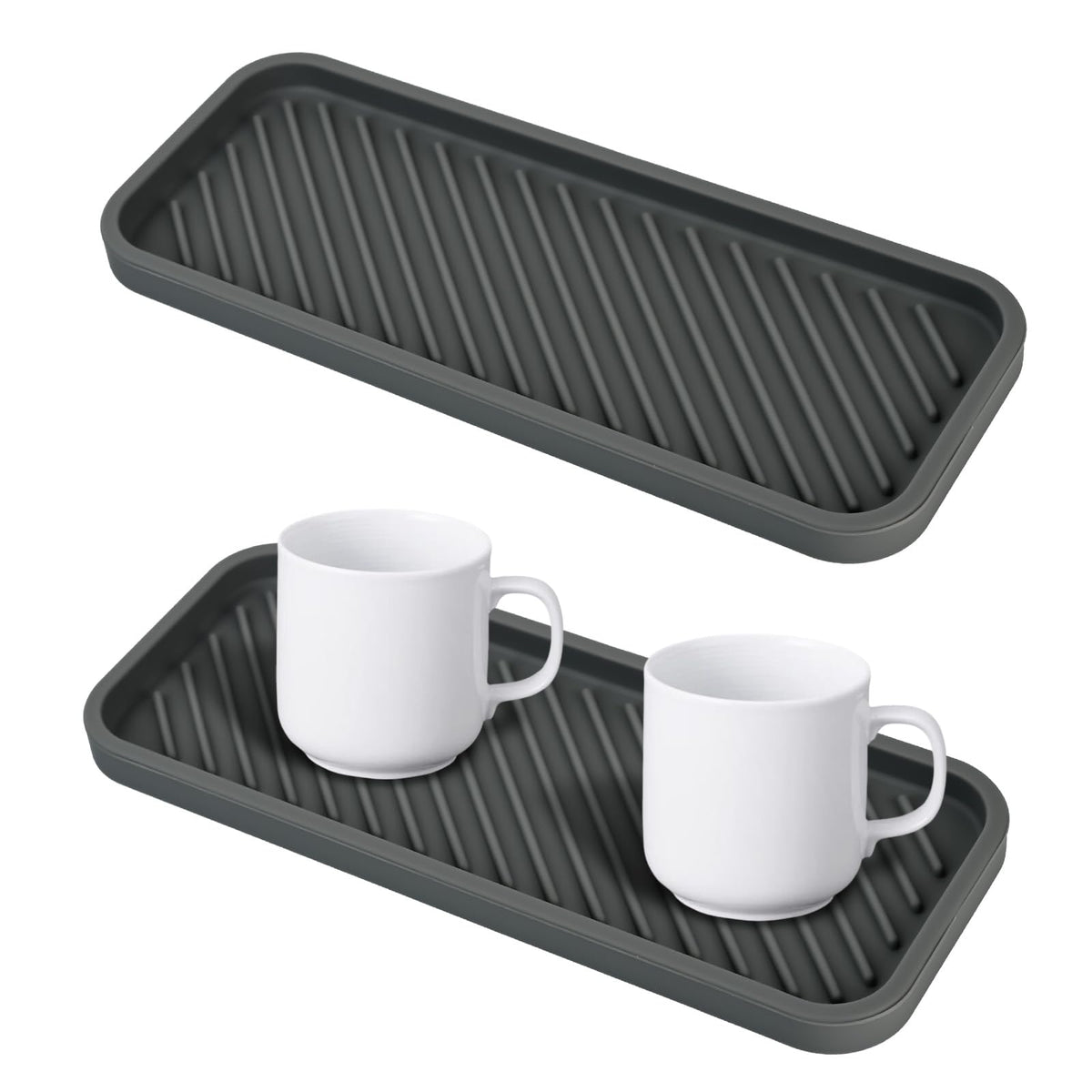2-pack Silicone Sink Organizer Tray,Multi-functional Draining Mat for Dinning Table,Bathroom,Makeup,kitchen sink organizer,Heat Resistant,BPA Free,Non-Slip and Easy to Clean,9x3.5Inch. (gray)