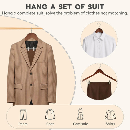 HOUSE DAY Wooden Hangers with Clips 12 Pack, Suit and Pants Hangers, Walnut