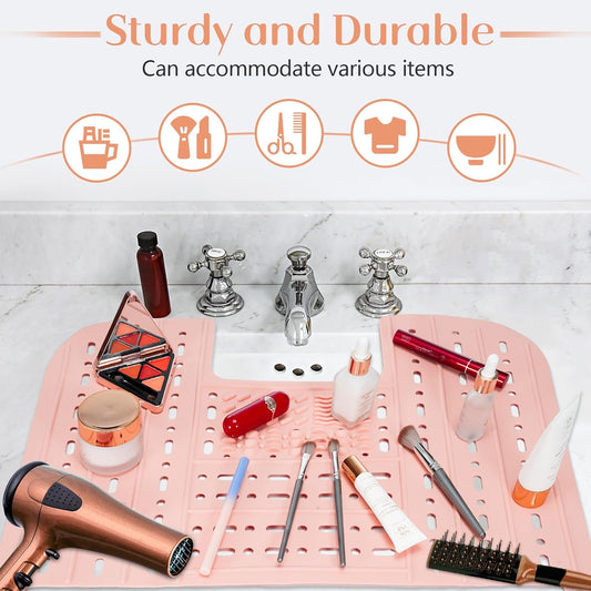 Sink Foldable Cover, Bathroom Sink Top Cover Space Saver, Silicone Makeup Organizer Mat for Over Countertop Bathroom Accessories (Pink)