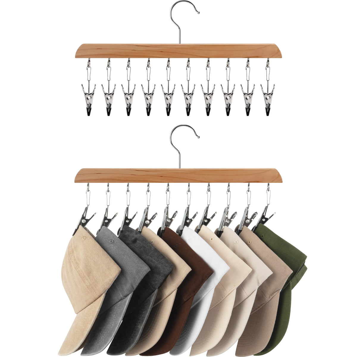 StorageWorks Hat Organizer 2 Pack, Wood Color Cap Hanger Rack with 10 Clips