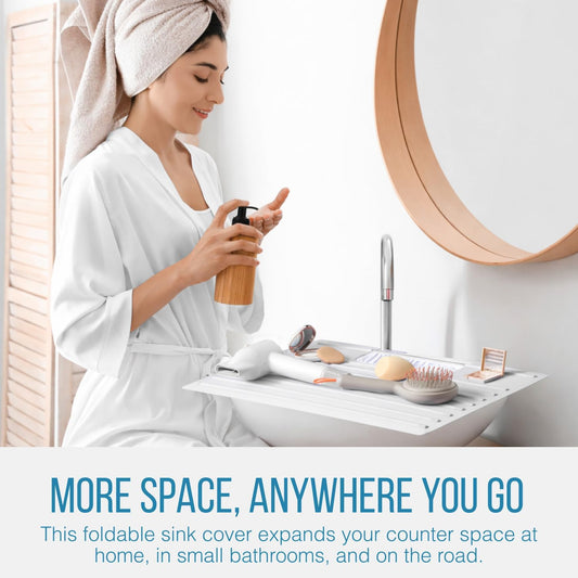 Maplefield Bathroom Sink Cover & Silicone Makeup Mat - White, 22" x 15" x 2" Inches - Heat Resistant to 400°F - Foldable Roll-Up Design with Raised Ridges - Space-Saving Countertop Mat