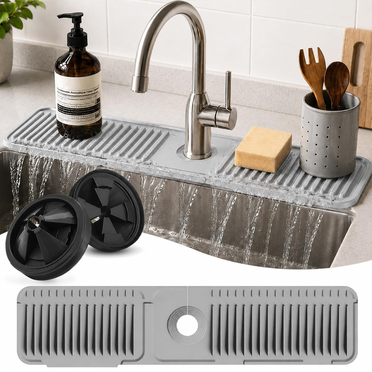 24 Inch Silicone Faucet Mat for Kitchen Sink Splash Guard, W/Sink Baffle