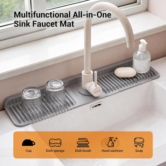 ZJWZLG Faucet Mat for Kitchen Sink, 24"X5.5" Silicone Sink Splash Guard , Snap-On Design & 7°slope Fast Drain, Folding Sink Faucet Mat for Universal Kitchen Bathroom Sink(Grey)