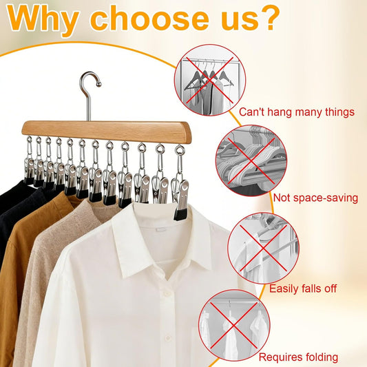 2Pcs Closet Organizer with 10 Clips, Space Saving Hanging Closet Organizer, Legging Organizers for Closets, Adjustable Stainless Steel Clips (Wood)