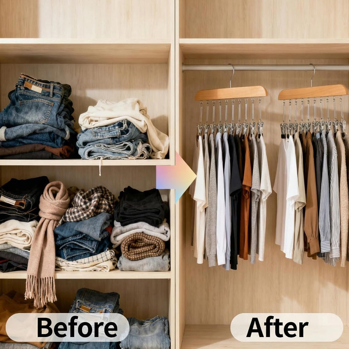 2 Pack Legging Organizer for Closet, Wooden Pants Hangers with 10 Clips | Holds 20 Jeans, Skirts, Underwear, Panties, Space Saving Hangers for Wardrobe Storage & Organization