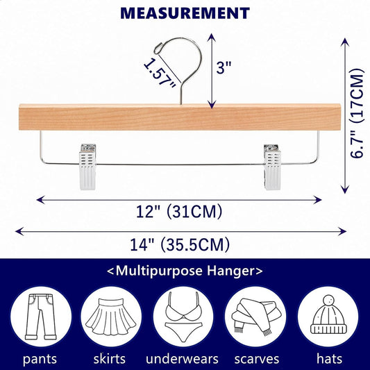 Amber Home 10 Pack Natural Wooden Pants Hangers with Adjustable Clips, 14"