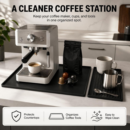 Silicone Coffee Mat 24 x 16 in with Tray, Classic Black