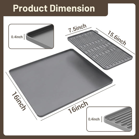 Silicone Coffee Mat for Countertop, 16x16 inch Heat Resistant Espresso Machine Mat, Non-Slip Coffee Bar Mat with Detachable Drying Area and Raised Edge, Waterproof Station Pad - Grey