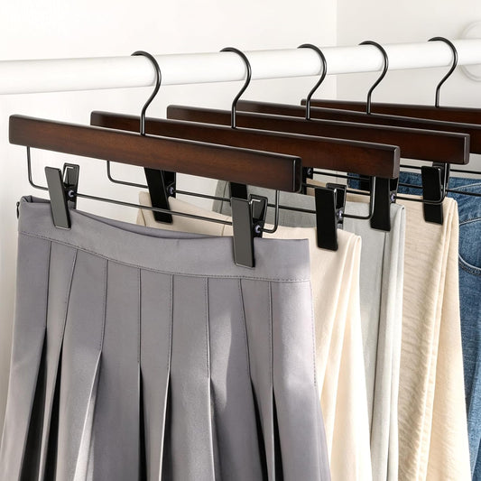 TOPIA HANGER Pants Hangers, Wooden Skirt Hangers with Adjustable Metal Clips, Premium Retro Finish and 360° Swivel Black Hook, Jean Hangers for Closet,10 Pack, CT03A