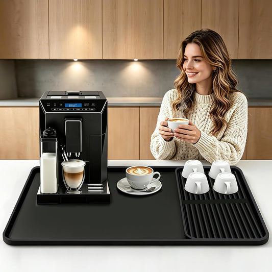 Coffee Mat with Detachable Dish Drying Mat,24'' x 16'' Large Silicone Coffee Bar Station Mat for Countertop, Stays in Place, Waterproof and Heat Resistant Machine Accessories Mat with Raised Edges