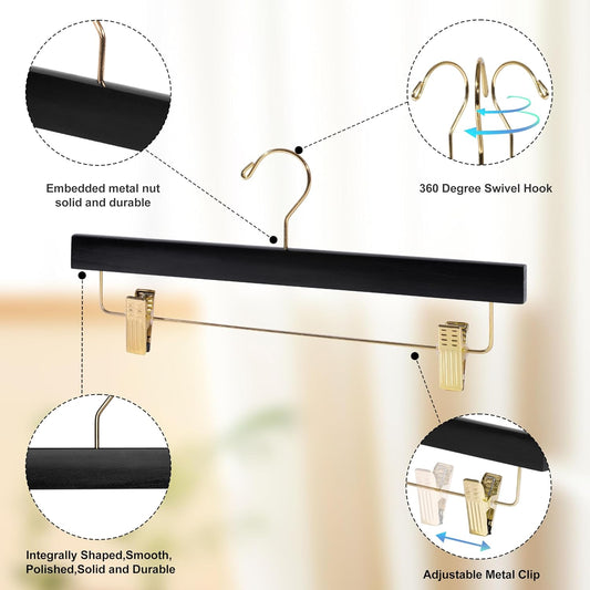 Quality Hangers Black Wooden Pants Hangers - 20-Pack Swivel Hook Cloth Hanger Set - Lotus Wood Skirt, Pant, Shorts and Slack Hangers with Adjustable Clip – Black Clothing Hanger (Gold Hook, 20)