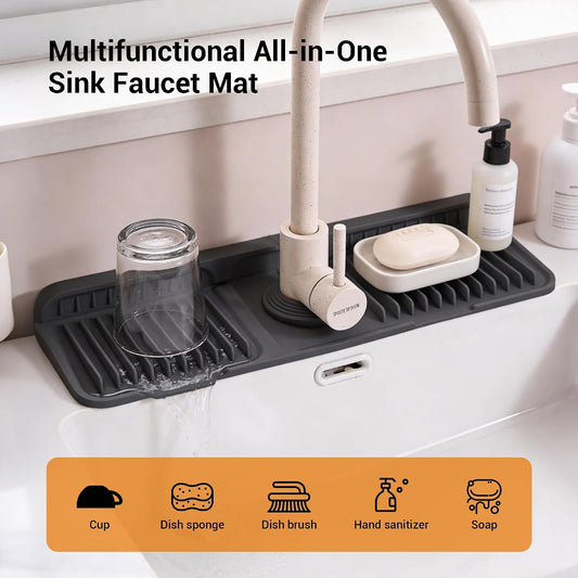 ZJWZLG Faucet Mat for Kitchen Sink, 17.7"X5.5" Silicone Sink Splash Guard , Snap-On Design & 7°slope Fast Drain, Folding Sink Faucet Mat for Universal Kitchen Bathroom Sink(Black)