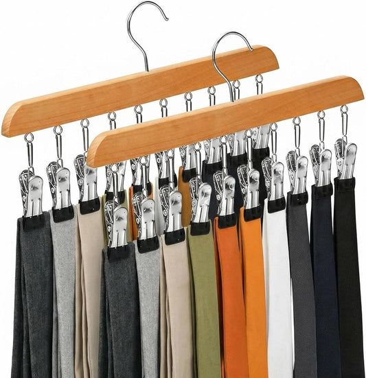 2 Pack Legging Organizer for Closet, Wooden Pants Hangers with 10 Clips | Holds 20 Jeans, Skirts, Underwear, Panties, Space Saving Hangers for Wardrobe Storage & Organization