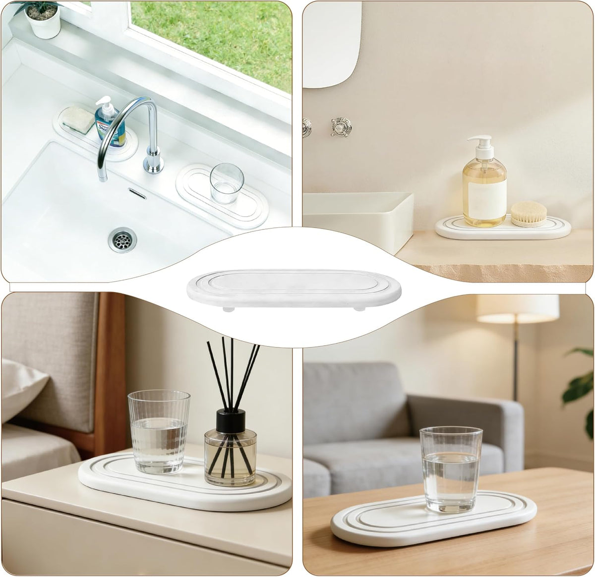 2PCS Quick Dry Water Absorbing Stone Tray, Natural Diatomite Sink Tray for Kitchen Counter, Bathroom Vanity Organizer, Faucet Mat, Soap Dish & Bar Coaster