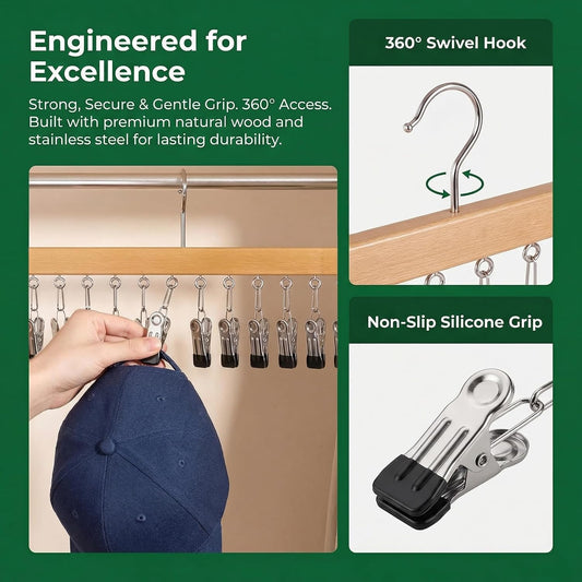 Closet Organizer with 12 Clips, 2 Pack Closet Space Savers for Hanging Clothes, Wooden Pants and Leggings Hangers with 360° Rotating Hook, Space-Saving Hat Scarf Clothespins, Natural Wood Color
