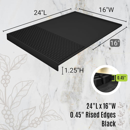 Coffee & Bar Mat For Countertop With "Edge Protection" – Espresso Machine & Coffee Maker Mat – Silicone Heat Resistant Mat – Non-Slip & BPA-Free Food Grade Mat – 16"(Front) x 24"(Length), Black