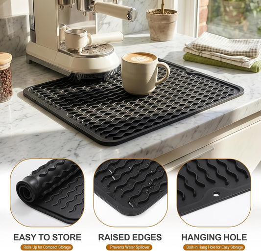 2 Pack Silicone Dish Drying Mat for Kitchen Counter Coffee Bar Apartment Accessories Escurridor de Platos para Fregadero Under Sink Organizer Pet Food Appliance Stone Rack Trays Drain Black