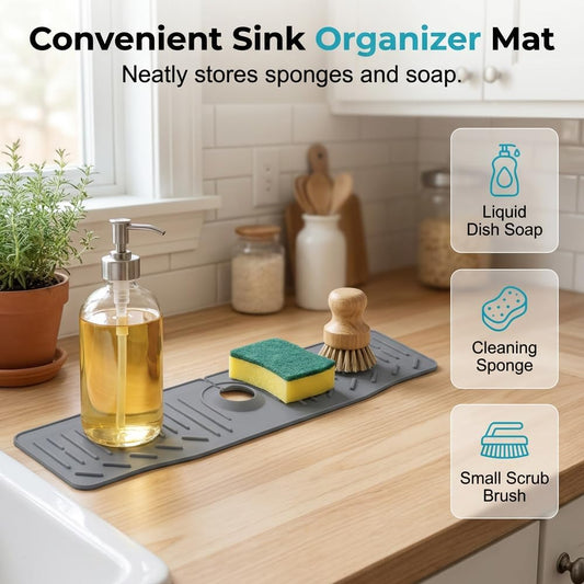 24 Inch Silicone Faucet Mat for Kitchen Sink, 2026 New Silicone Splash Shield for Kitchen Sink, Multifunctional Sink Organizer Mat for Kitchen Countertops (Grey)