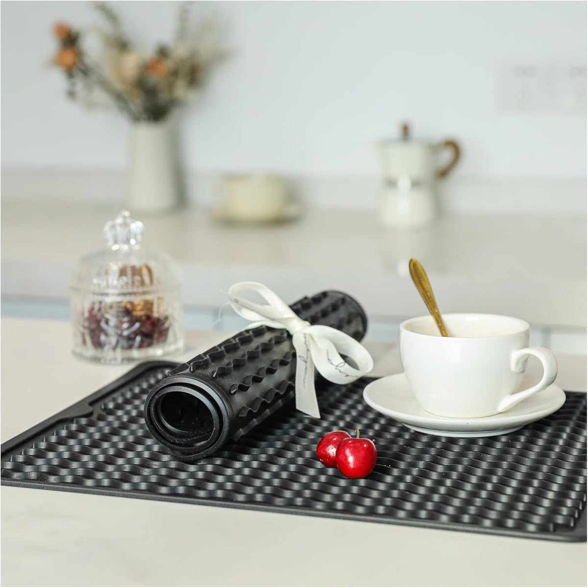 2 Pack Caketime Silicone Dish Drying Mat for Kitchen Counter Cooking Baking Coffee Bar Hot Pads Accessories Dining Home Essentials Under Sink Protector Organizers Stone Rack Trays Drain Black