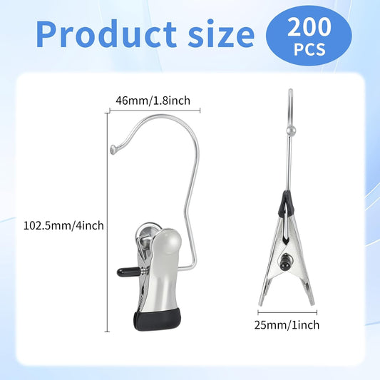 200PCS Boot Hangers Clips for Closet Stainless Steel Clothes Hooks Clip Laundry Hooks Clothes Pins Hanging Clips Portable Clip Hangers Clothespins Hanger for Wardrobe Organization