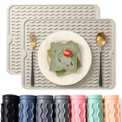 2 Pack Caketime Silicone Dish Drying Mat for Kitchen Counter Cooking Baking Coffee Bar Hot Pads Accessories Dining Home Essentials Under Sink Protector Organizers Stone Rack Trays Drain Black