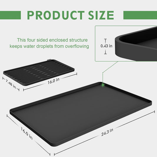 Silicone Coffee Mat 24"x16", 2-in-1 Coffee Bar Mat with Detachable Drying Mat, Heat Resistant Espresso Machine Mat, Non-Slip Under Coffee Maker Mat for Countertop, Fits Breville Ninja Keurig, Black