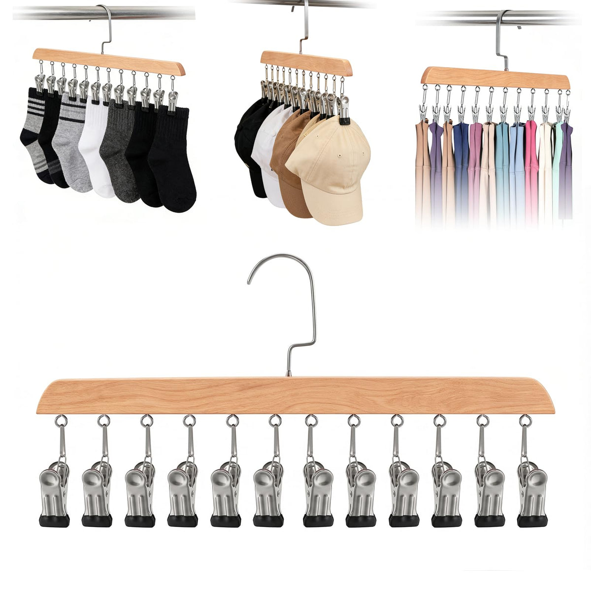 2PCS Space Saving Hanging Clothes Organizer, Wooden Pants Hanger 12-Clip