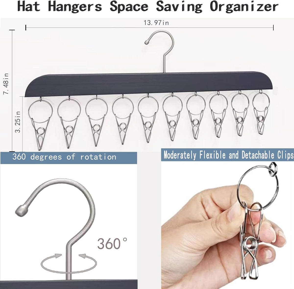 2 Pack Hat Hangers for Closet,Beanie Organizer with 10 Hat Clips