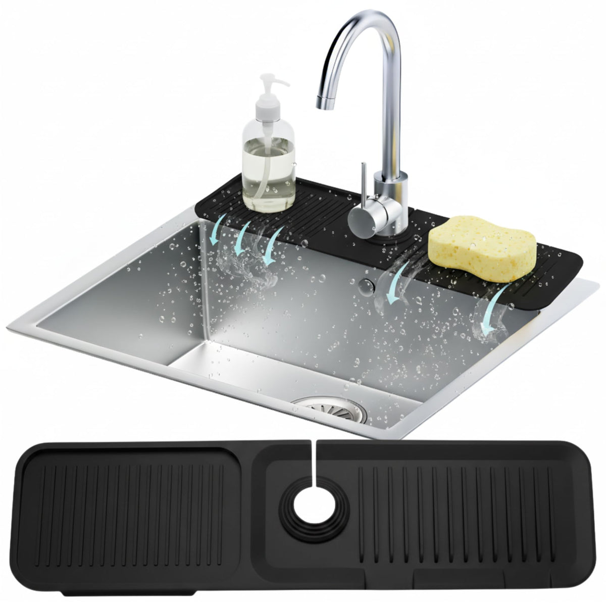 14.6” Silicone Faucet Mat For Kitchen Sink, Kitchen Sink Splash Guard Behind Faucet, Kitchen Faucet Mat For Kitchen Sink, Kitchen Sink Faucet Mat Splash Guard and Sink Water Splash Guard (Black)