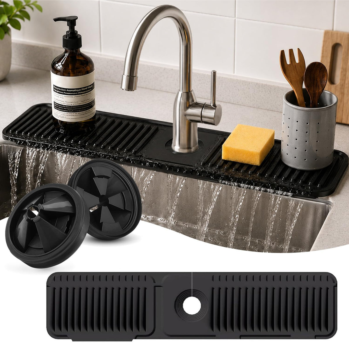 24 Inch Silicone Faucet Mat for Kitchen Sink Splash Guard, W/Sink Baffle