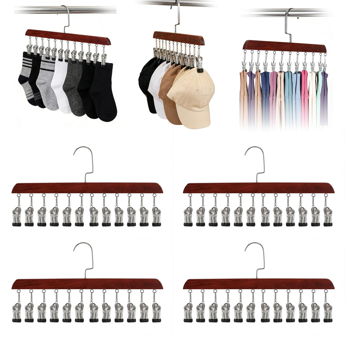 2PCS Space Saving Hanging Clothes Organizer, Wooden Pants Hanger 12-Clip
