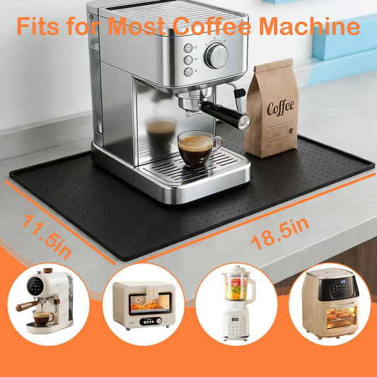 Silicone Coffee Mat 11.5"18.5" - Waterproof and Heat Resistant Dish Drying Mats, Non-Slip Countertop Protector, Keep Kitchen Counters Clean for Espresso Machines, Spill Proof, Easy Clean, Black