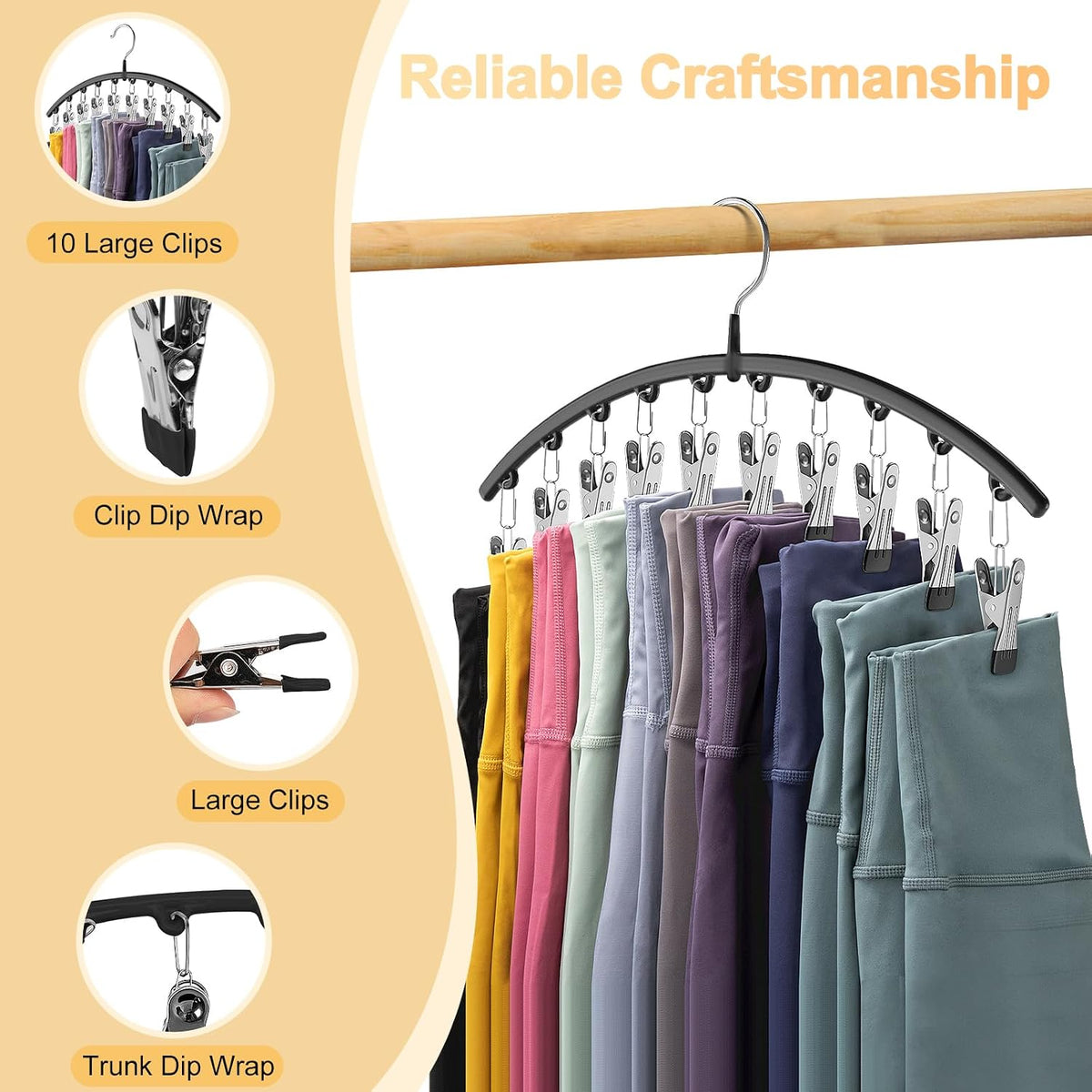 Volnamal Legging Organizer for Closet,2 Pack Metal Yoga Pants Hangers w/10 Clips Hold 20 Leggings,Space Saving Hanging Closet Organizer Clothes Hanger College Dorm Essentials Apartment Essential,Black