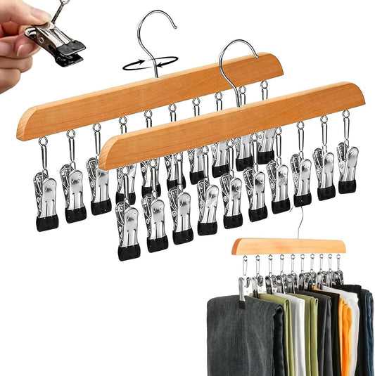 2 Pack Legging Organizer for Closet, Wooden Pants Hangers with 10 Clips | Holds 20 Jeans, Skirts, Underwear, Panties, Space Saving Hangers for Wardrobe Storage & Organization