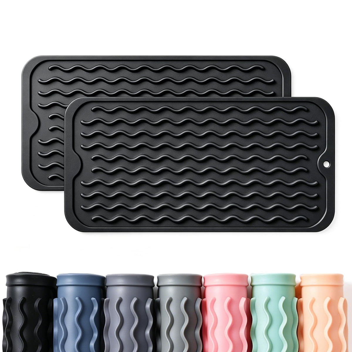 2 Pack Caketime Silicone Dish Drying Mat for Kitchen Counter Cooking Baking Coffee Bar Hot Pads Accessories Dining Home Essentials Under Sink Protector Organizers Stone Rack Trays Drain Black