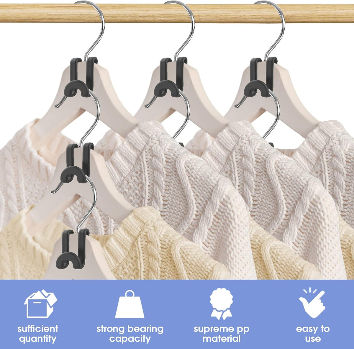 100Pcs Space Saving Hanger Hooks, Plastic Hanger Connector Hooks Black