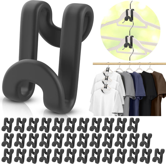 100Pcs Space Saving Hanger Hooks, Plastic Hanger Connector Hooks Black