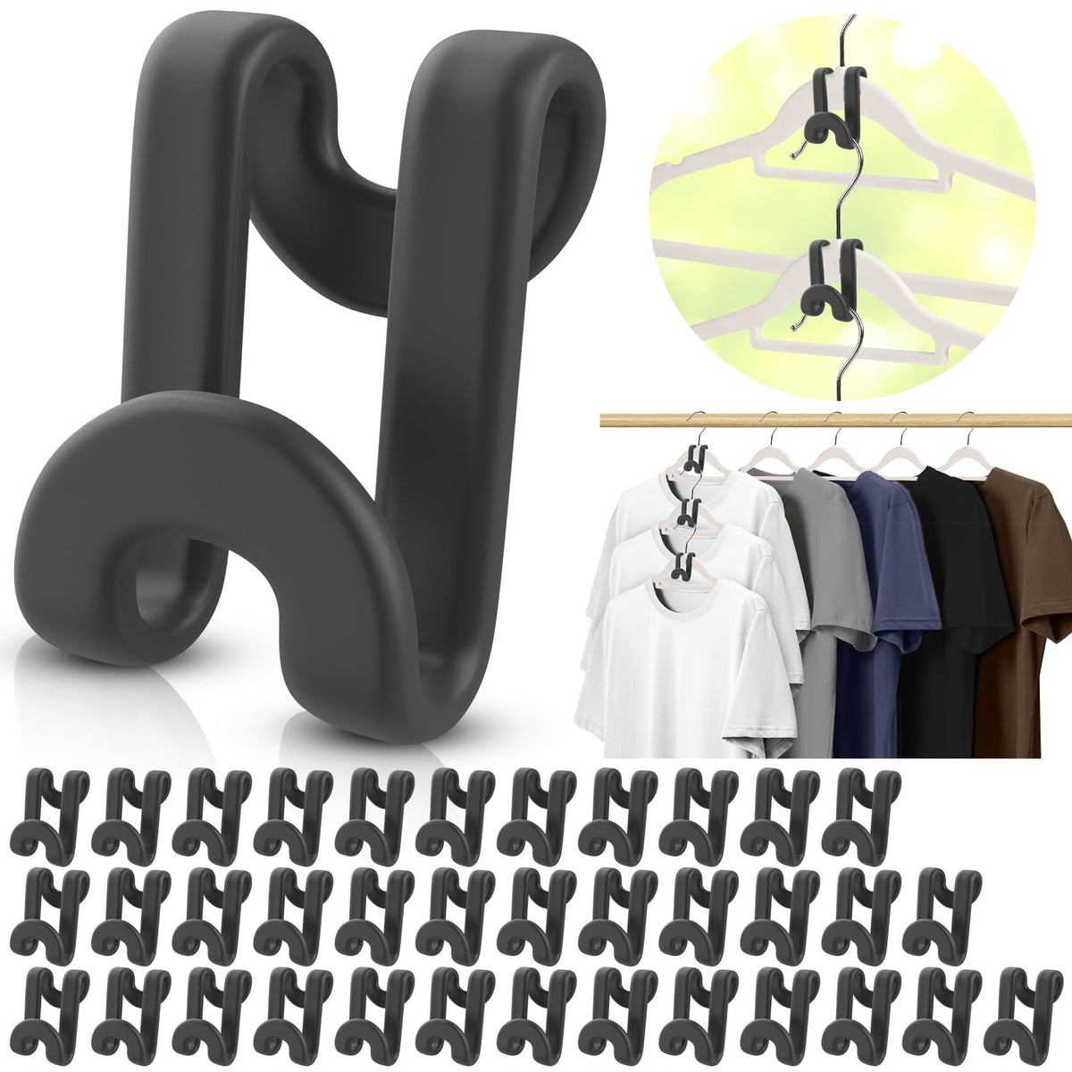 100Pcs Space Saving Hanger Hooks, Plastic Hanger Connector Hooks Black