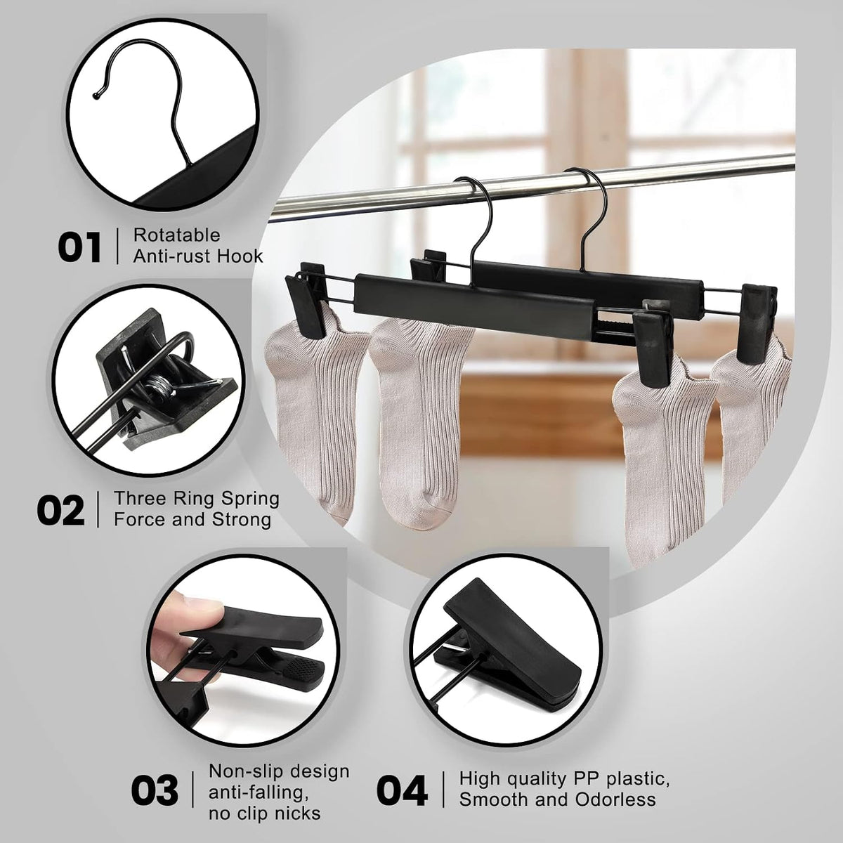 10 Pack Pants Hangers with Adjustable Non-Slip Clips Anti-Rust Hanging Hook for Trouser,Skirts,Jeans,Clothes Hangers Black