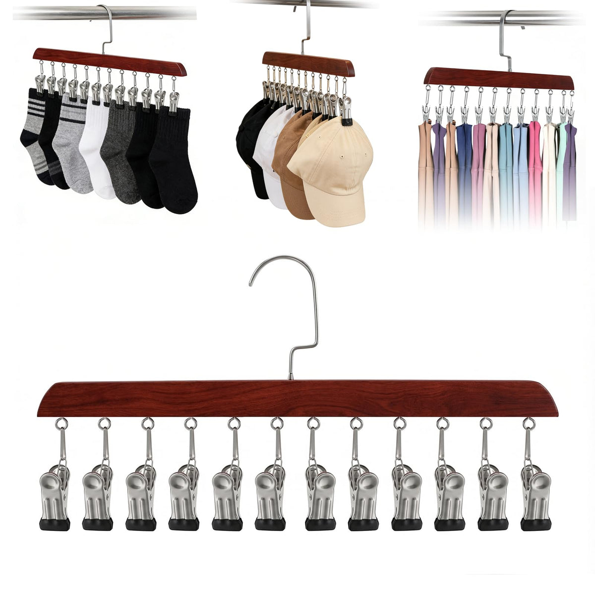 2PCS Space Saving Hanging Clothes Organizer, Wooden Pants Hanger 12-Clip