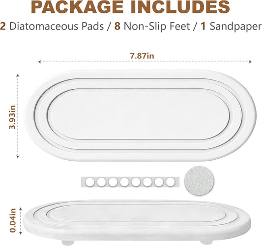 2PCS Quick Dry Water Absorbing Stone Tray, Natural Diatomite Sink Tray for Kitchen Counter, Bathroom Vanity Organizer, Faucet Mat, Soap Dish & Bar Coaster